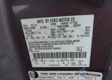 2010 Ford F-150 Xl/Xlt z USA, uszkodzony, nr VIN 1FTEW1E83AFC46001